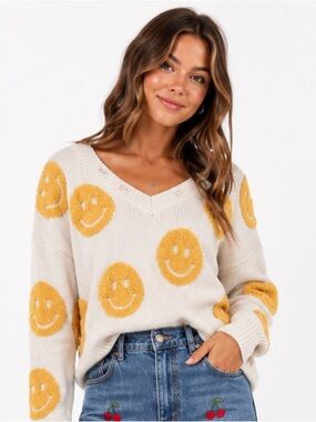 Altar’d State Smiley Face Distressed Knit Sweater Size S Ivory Yellow V-Neck